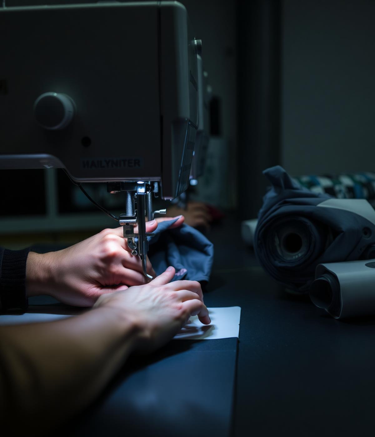 Costurera confeccionando una prenda en máquina industrial