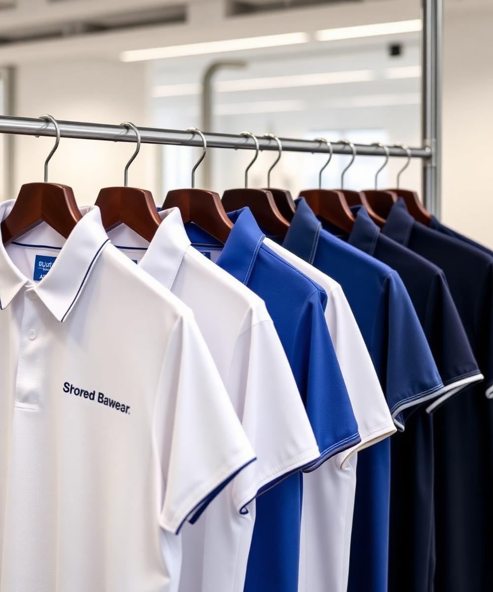 Polos corporativos personalizados colgados en perchero